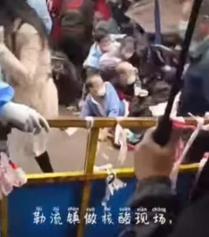 檢疫現場現場有人拍到群眾被推擠倒地的畫面。 圖：翻攝煙雨綿綿YouTube