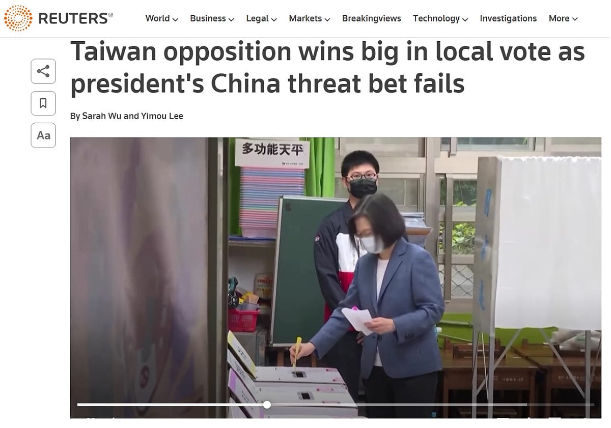 國際媒體《路透社》報導台灣地方選舉結果證實民進黨的「中國威脅押注」失敗。 圖：reuters.com截圖