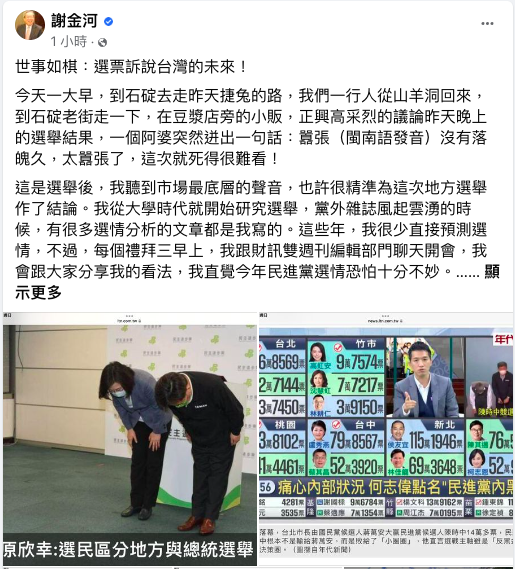 財信傳媒董事長謝金河今（27）日在臉書ＰＯ文分析民進黨敗選關鍵因素。 圖：翻攝自謝金河臉書