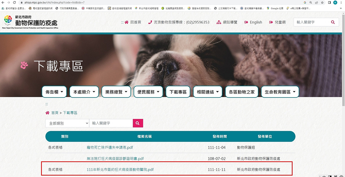 動保處官網下載專區可查詢有打狂犬病疫苗發頸牌的醫院。 圖：新北市動保處提供