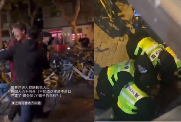BBC記者採訪上海白紙革命示威期間被暴力拘捕。 圖：擷自推特@Shanghaishanghai