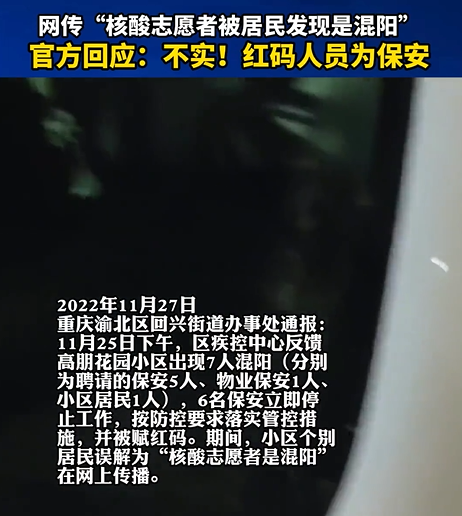 重慶市渝北區回興街道辦事處表示「核酸志願者是混陽性」是不實消息。 圖：翻攝自：抖音@今日關注