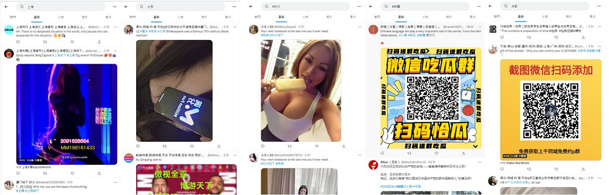 以中文搜尋上海、北京、杭州、新疆、成都等地名，便會出現許多色情、博弈廣告推文洗版，其中北京、上海完全被這些垃圾訊息覆蓋住。 圖：翻攝自推特