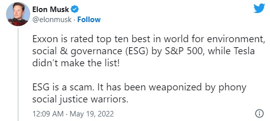 今年5月，標普500 ESG指數將特斯拉剔除，當時馬斯克氣得在推特大罵「ESG是一場騙局」。 圖：翻攝自馬斯克推特