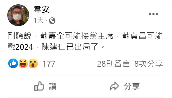 韋安臉書貼文 圖:翻攝自韋安臉書
