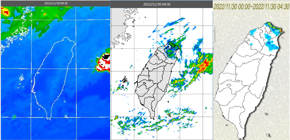 台灣北部及東北部地區有短暫雨，基隆北海岸及東北部地區並有局部大雨或豪雨發生的機率。 圖：翻攝自老大洩天機專欄(中央氣象局)