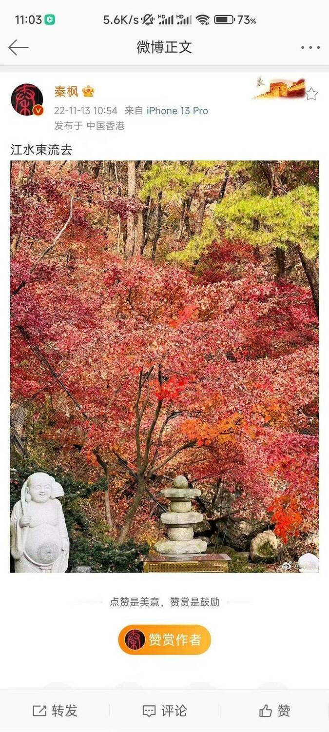 中國媒體人秦楓 13 日在微博發文，「江水東流去」暗示江澤民當時就已離世。 圖:翻攝自微博