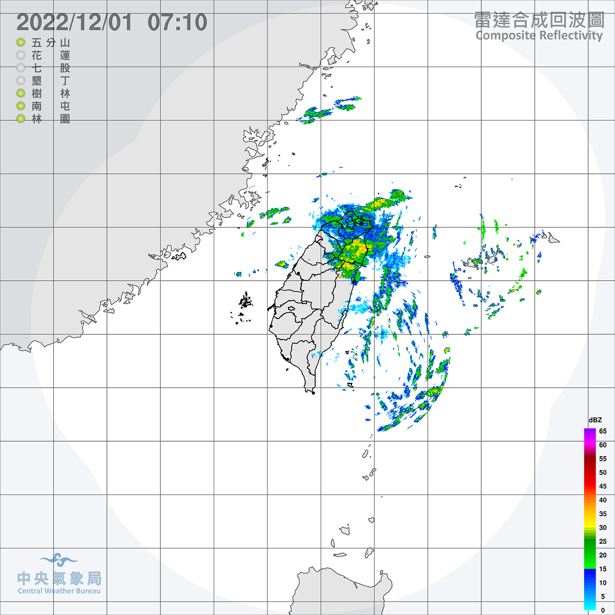 今天基隆北海岸有局部大雨或豪雨發生的機率，宜蘭地區與台北市山區易有局部大雨發生的機率。中部以北、東北部與東部天氣較涼。 圖：中央氣象局/提供
