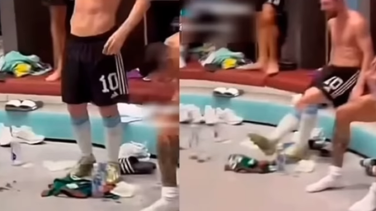 在阿根廷休息室內的慶祝畫面，梅西（Lionel Messi）疑似在脫鞋子時踢到墨西哥球衣。 圖：翻攝自網路影片