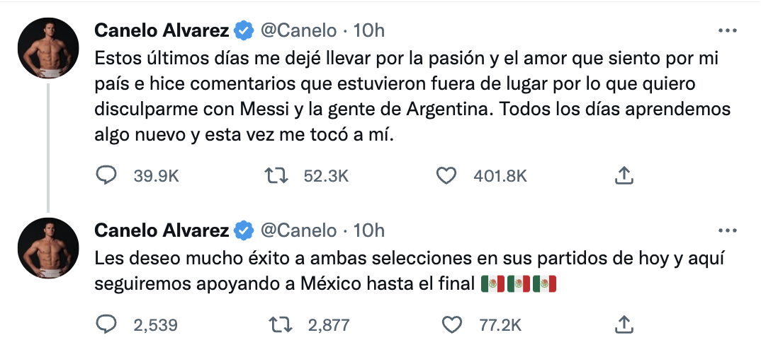 墨西哥拳王阿瓦雷茲（Canelo Álvarez）發布道歉聲明。 圖：翻攝自推特