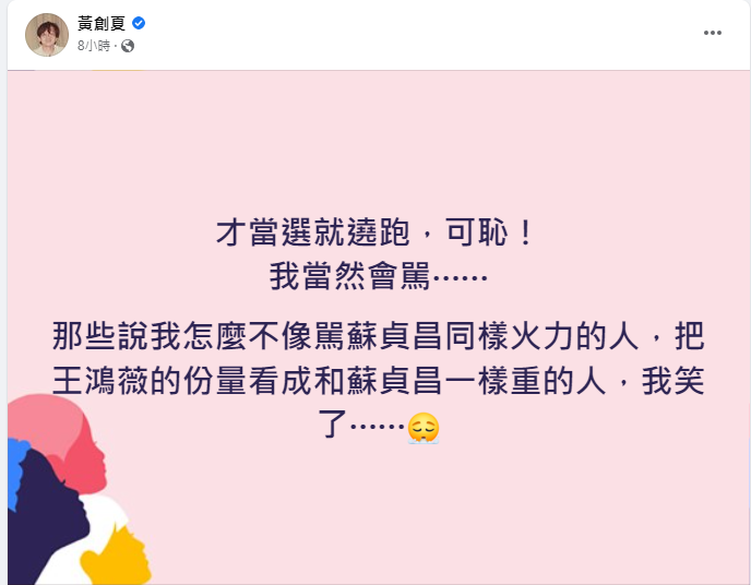 黃創夏批王鴻薇才當選議員就落跑選立委，可恥。 圖：擷自黃創夏臉書