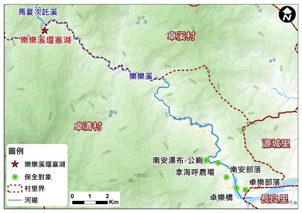 若該堰塞湖崩塌，最直接影響的是下游的距離20公里南安、卓樂部落。 圖：花蓮林區管理處／提供