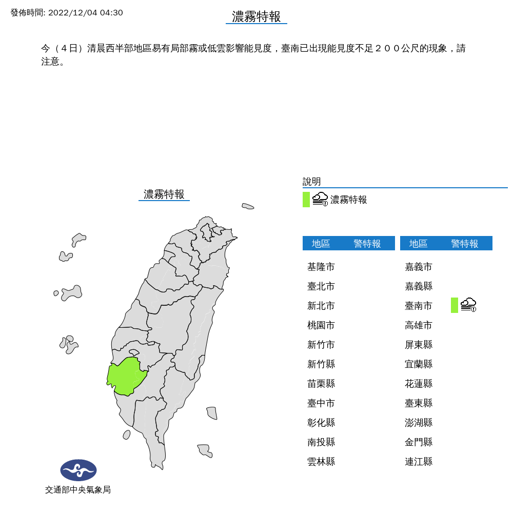今(4日)清晨西半部地區易有局部霧或低雲影響能見度，台南已出現能見度不足200公尺的現象。 圖片來源/中央氣象局