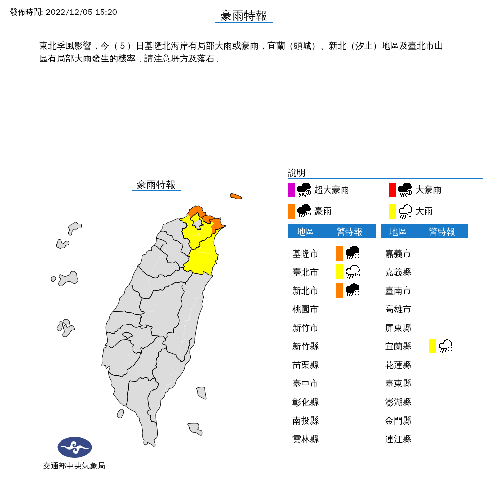 氣象局對4縣市發布豪大雨特報。 圖：取自中央氣象局網站