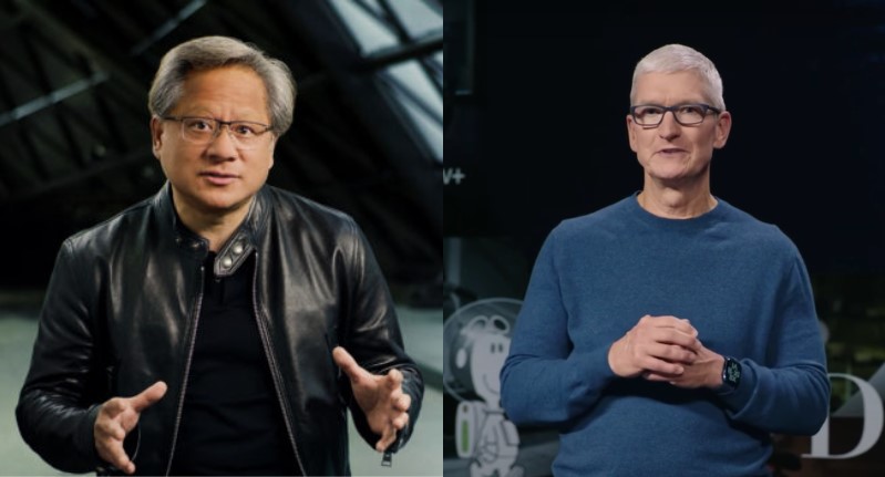 蘋果執行長庫克(右)、輝達（NVIDIA）執行長黃仁勳(左)分別獲得了83%和黃96%的員工支持度。 圖：翻攝自輝達官網、蘋果YouTube頻道