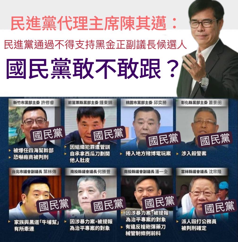 王定宇在臉書列出的8國民黨人，包括新竹市黨部主委許修許修睿（下圖上排左起）、苗栗縣前黨部主委鍾東錦，還有邱奕勝、蕭景田等8人，質疑國民黨只是嘴巴喊反黑。 圖：翻攝自王定宇臉書