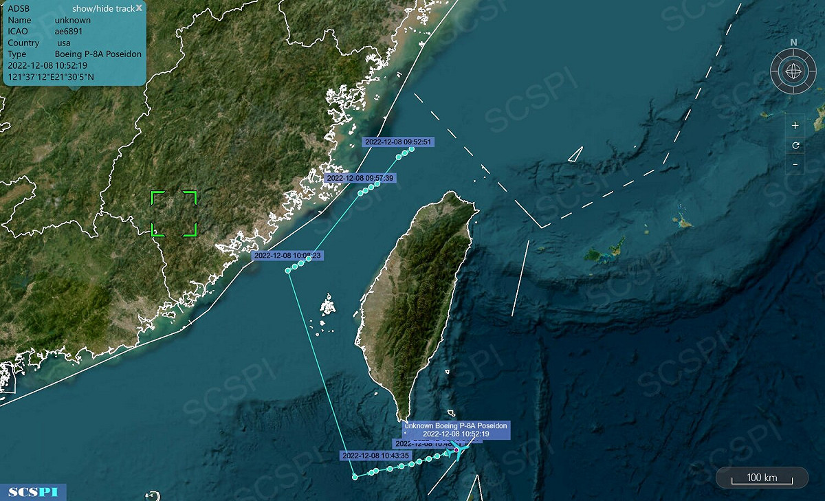 中國半官方性質智庫「南海戰略態勢感知計劃平台」(SCSPI)指控美國海軍一架編號「#AE6891」的P-8A「海神式」(Poseidon)海上巡邏機，由北而南穿越台灣海峽，而且最接近中國時，距「領土基線」僅有13海浬(約24公里)。 圖：翻攝@SCS_PI推特