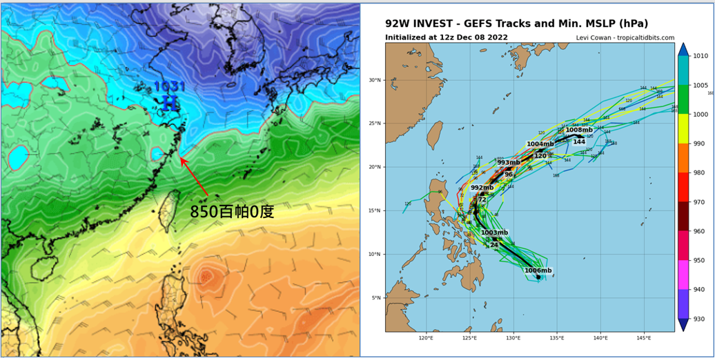 美國(GEFS)模式則模擬週末菲律賓東方海面有熱帶擾動發展，將在呂宋島東方轉北再向東北大迴轉(右圖)。 圖：翻攝自老大洩天機專欄
