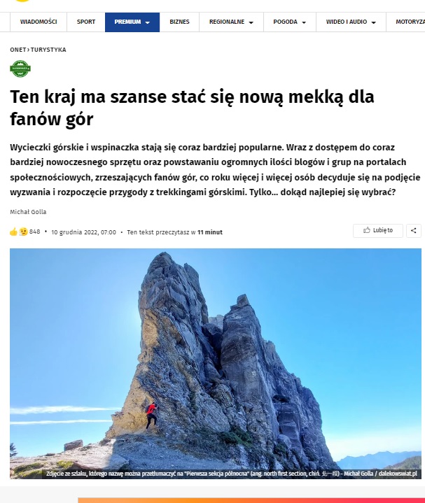 定居台灣的波蘭籍女婿「小麥哥」在波蘭的主要入口網站「Onet .pl」撰寫長文，介紹台灣「這個國家有機會成為登山愛好者的新聖地」。 圖：翻攝自Onet .pl