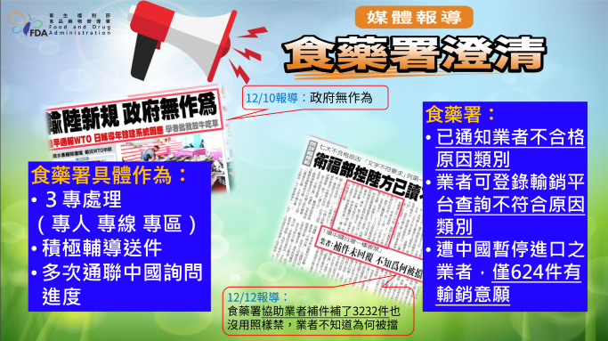 中國海關總署近日突禁台灣水產與酒類等關食品入關，不斷有食藥署無作為才讓業者無法輸中的傳言，食藥署說明直至111年12月12日上午8時，有效可出口到中國的業者為855件，非所稱僅有一家註冊成功。 圖：食藥署/提供