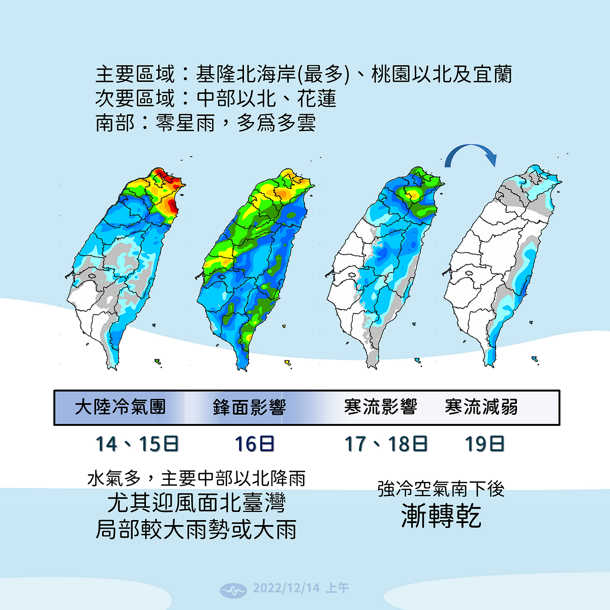 本週五受到鋒面、低壓影響，全台水氣較多，北部、中部以北、東半部地區需留意局部較大雨勢。 圖：中央氣象局／提供