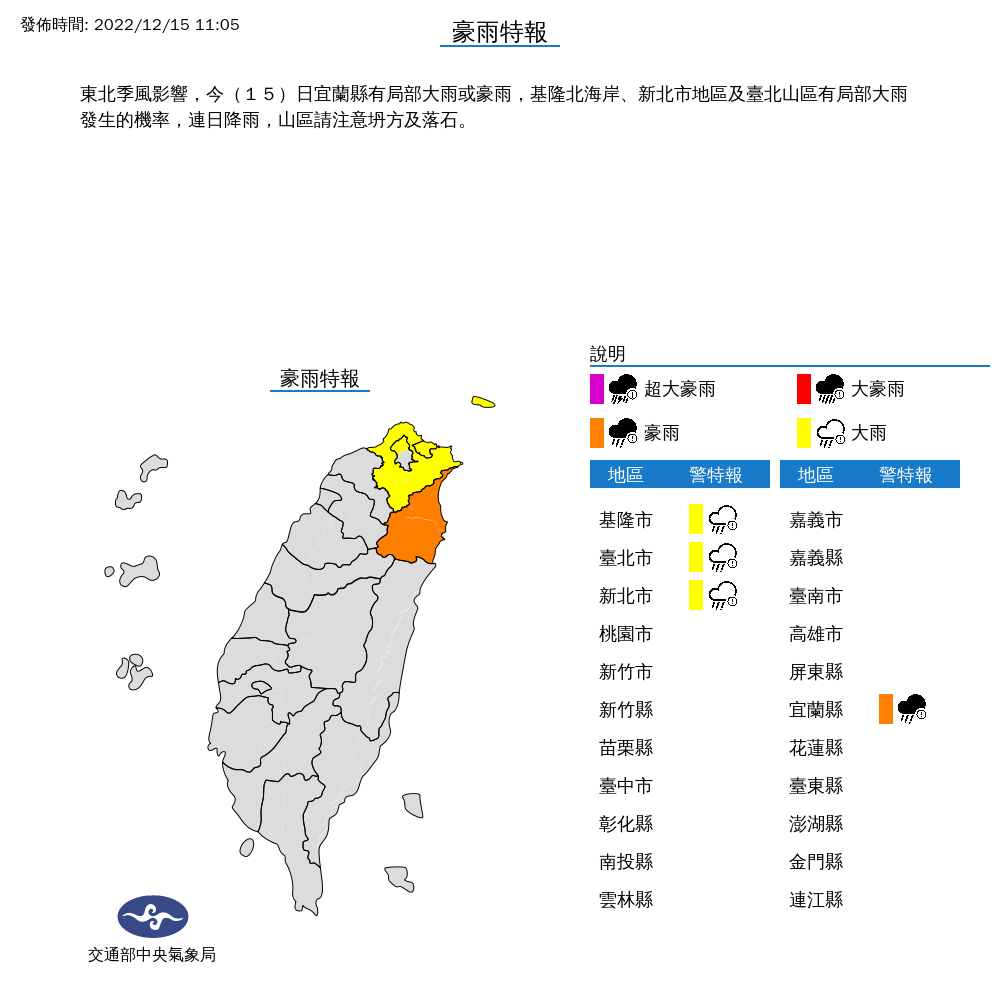 氣象局對北台灣4縣市發布豪大雨特報。 圖：取自中央氣象局官網