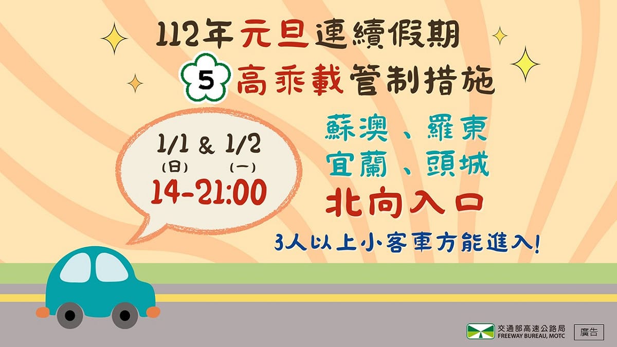 元旦連續假期高乘載管制措施。 圖：高速公路局／提供