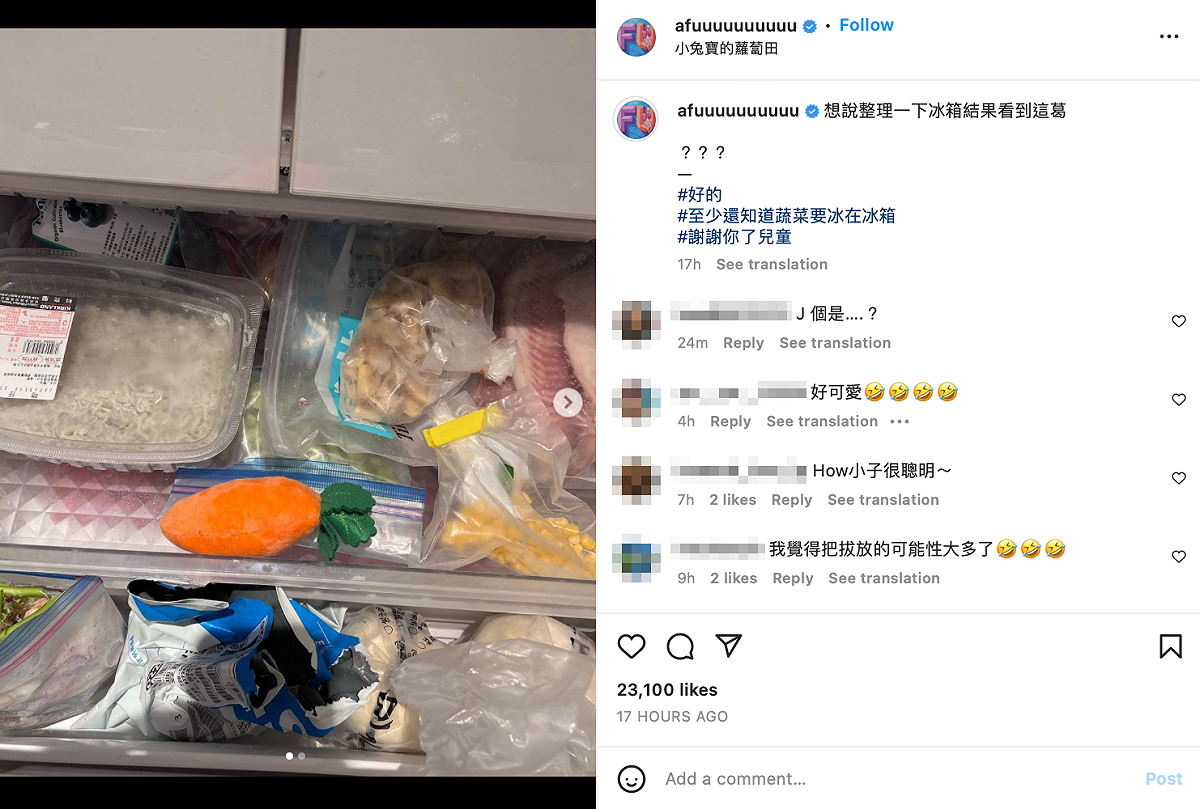 只見她po出的照片中，不合理的除了有玩具胡蘿蔔，還有似乎已經過過期的一盒「吻仔魚」。 圖：翻攝自鄧福如IG