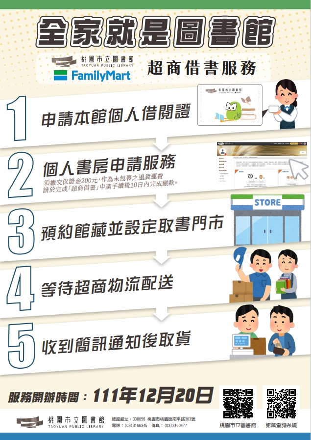 桃園市立圖書館與全家便利商店跨界合作，12/20起民眾只要在系統上預約圖書，就可以於桃園任何一家全家便利商店取書。 圖：桃園市立圖書館／提供