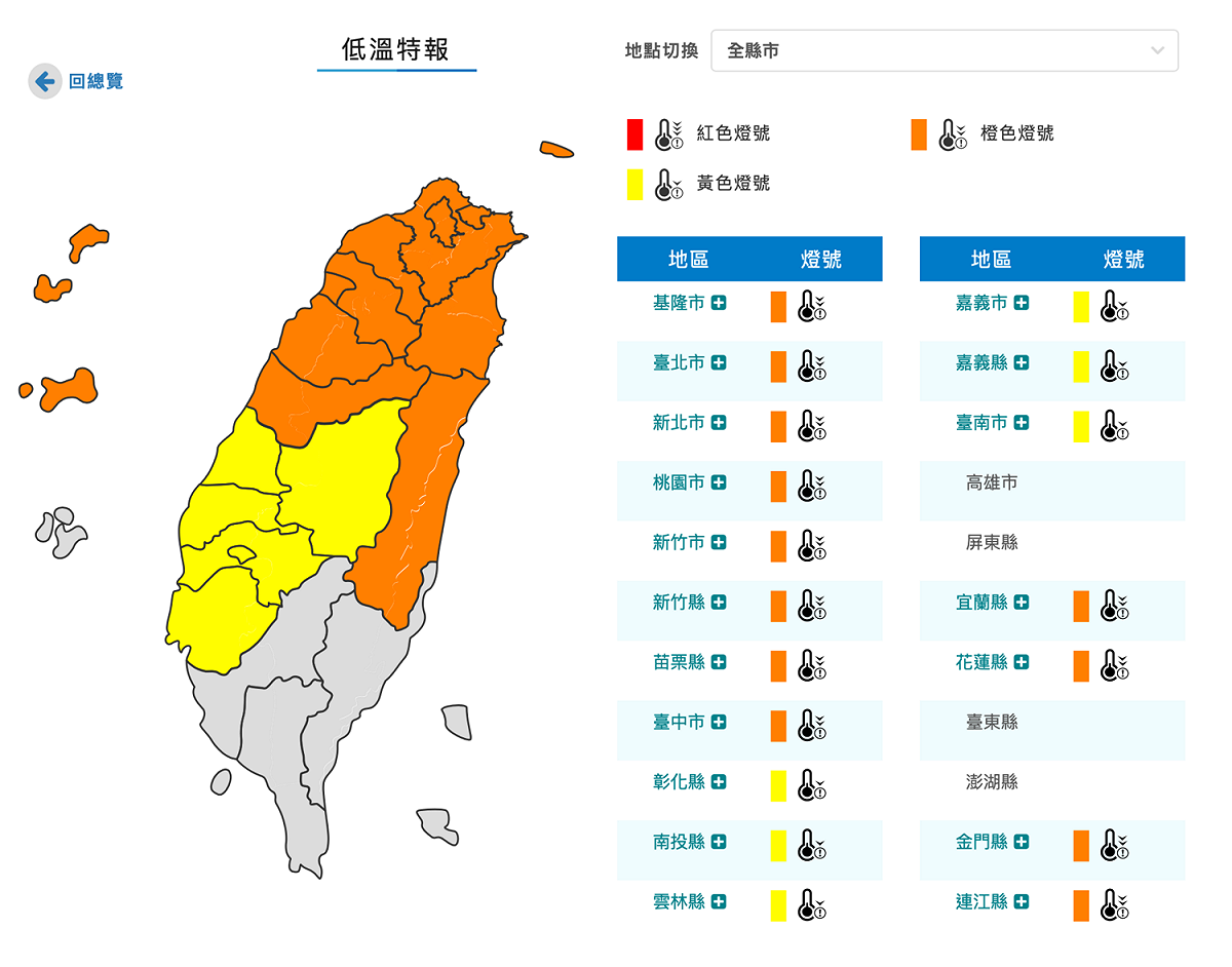 中央氣象局針對全台18縣市發布低溫特報。 圖：翻攝自中央氣象局