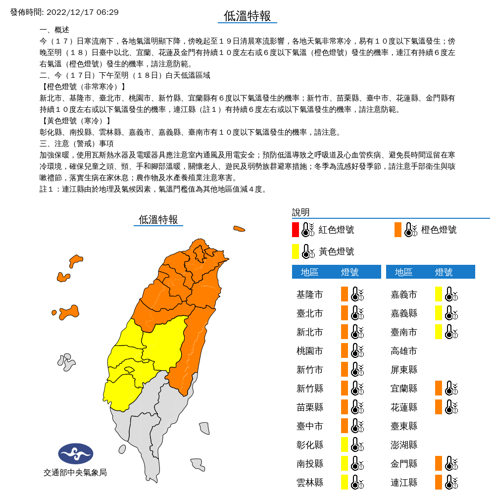受到寒流影響，全台18縣市已經發布低溫特報，這也是今年入冬以來首次低溫特報 圖片來源/中央氣象局