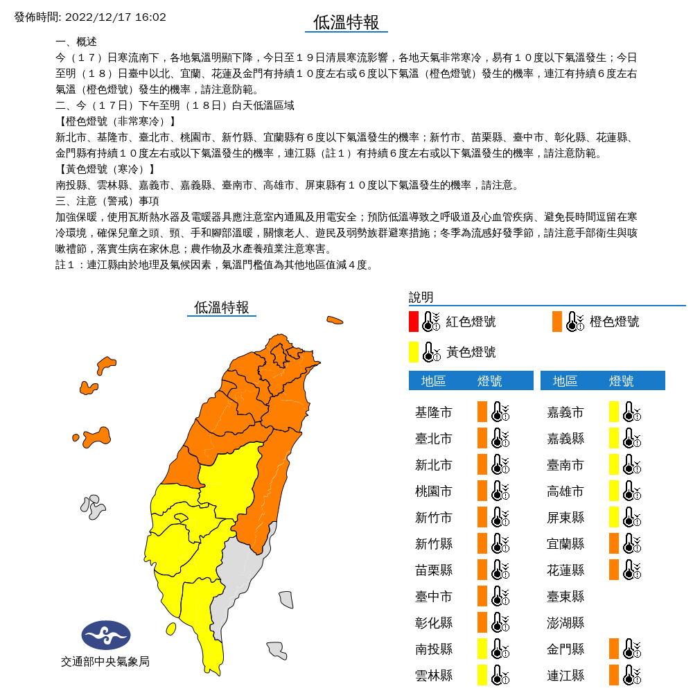 氣象局對全台20縣市發布低溫特報。 圖：取自中央氣象局網站