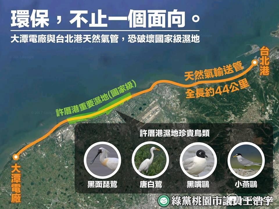 王浩宇對此說明，若將天然氣接收站移至台北港建設，除了成本過高外，還會破壞候鳥生態。 圖：取自王浩宇Facebook頁面