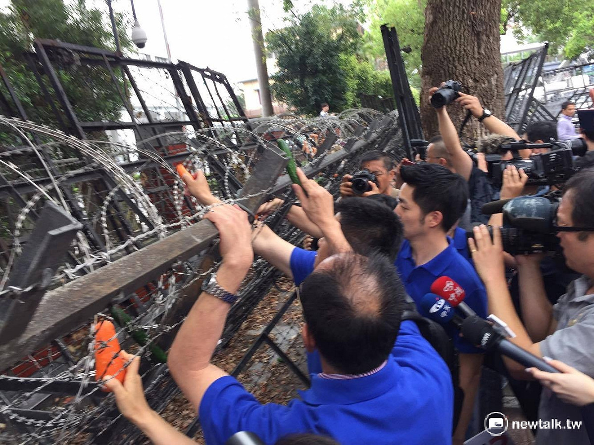 為了抗議立院外圍起蛇籠拒馬，國民黨立委拿起小黃瓜、蘿蔔高掛在蛇籠上，痛批「真的很危險」。 圖：鄭佑漢/攝
