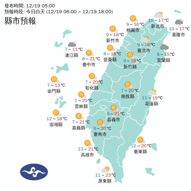 今天清晨受到寒流影響，各地天氣非常寒冷，白天起寒流將逐漸減弱，氣溫逐漸回升，預估北部可回溫至攝氏17度左右、中部18~20度，高屏可望在21~23度以上。 圖：中央氣象局/提供