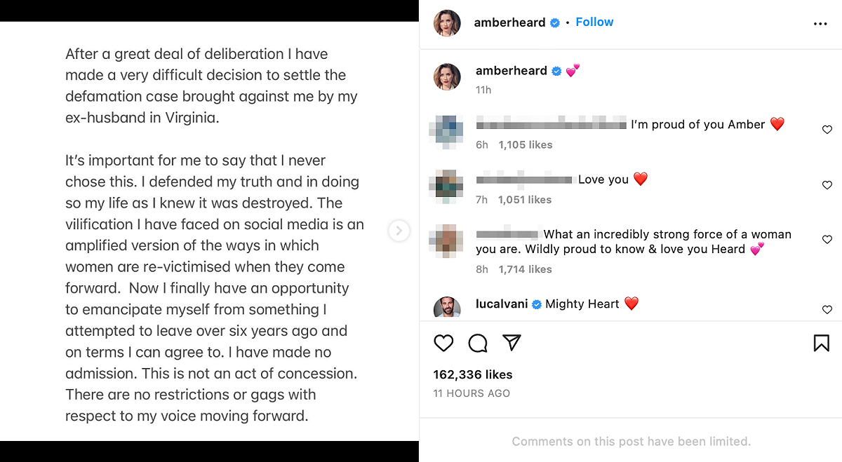 她在IG發出長文，直呼自己做出這個決定相當艱難。 圖：翻攝自Amber Heard IG
