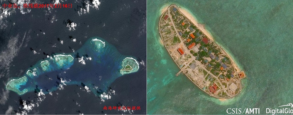 左：鐵線礁(Sandy Cay)；右：敦謙沙洲(Sand Cay)。 圖：新頭殼合成/素材取自陸網每日頭條與amti.csis.org