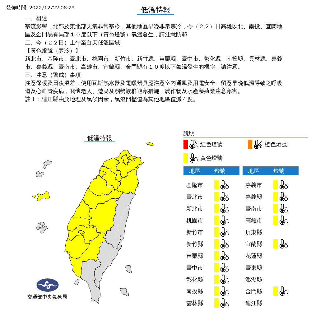 今天是冬至，受到寒流影響，北部與東北部天氣非常寒冷，高雄以北等17縣市，將有攝氏10度以下低溫發生機率。 圖：中央氣象局/提供