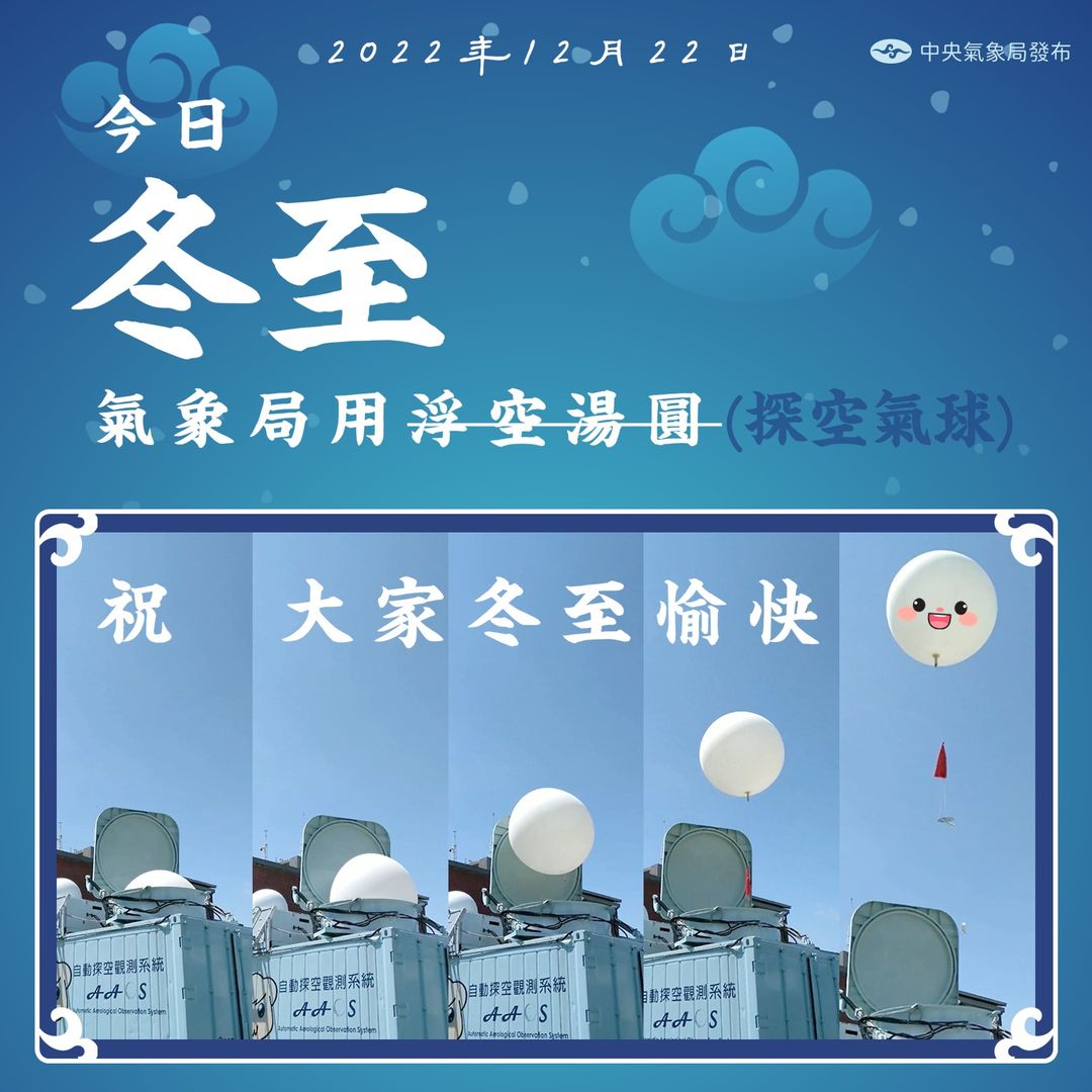 中央氣象局就逗趣的用「會飛上天的湯圓，祝大家冬至快樂」，氣象局並解釋是用探空氣球應景。 圖：翻攝自中央氣象局臉書