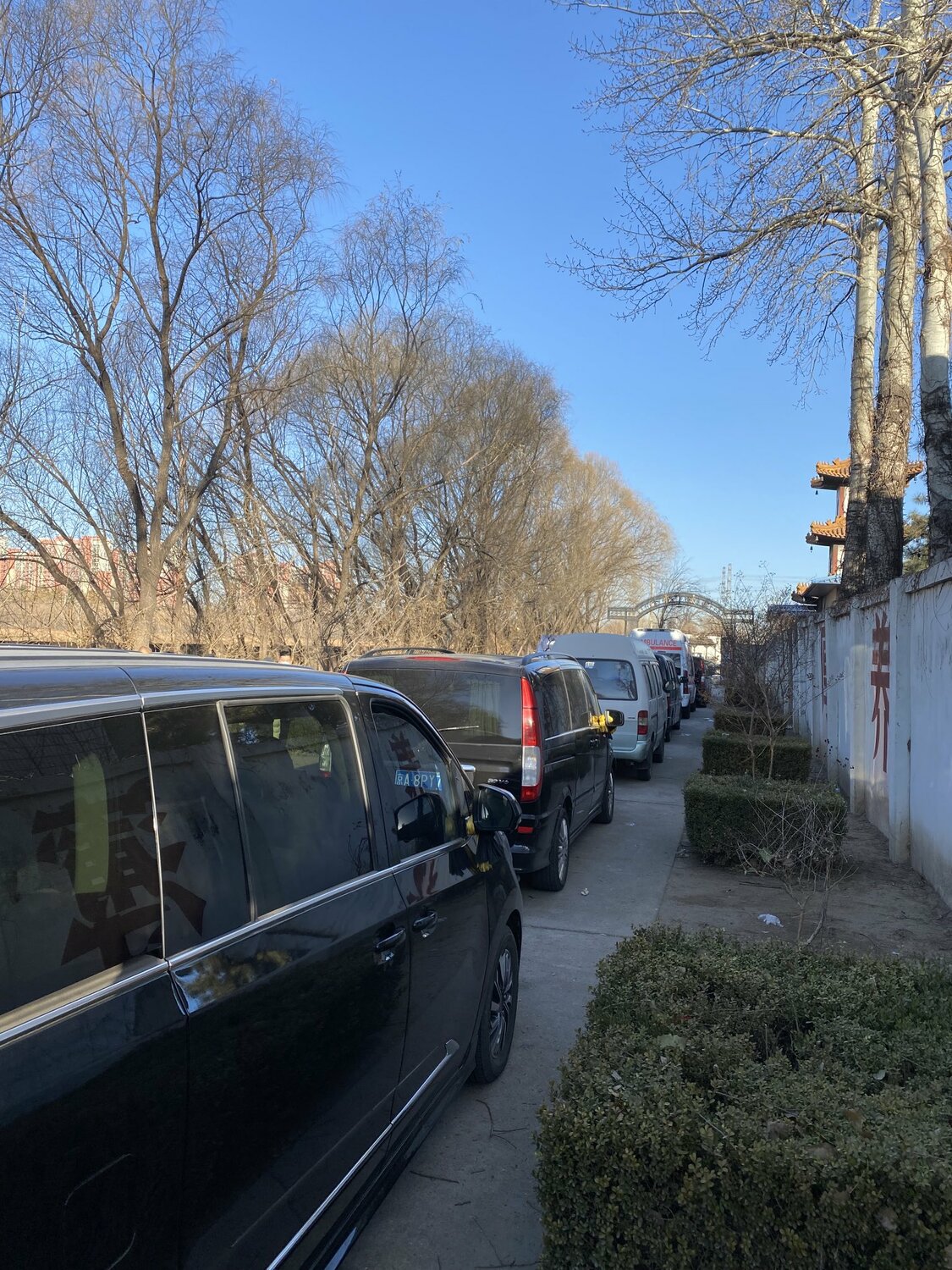 19日北京市東郊火葬場，有大批靈車排隊等待火化。 圖:翻攝自推特Leo Lord-Jones @leolordjones
