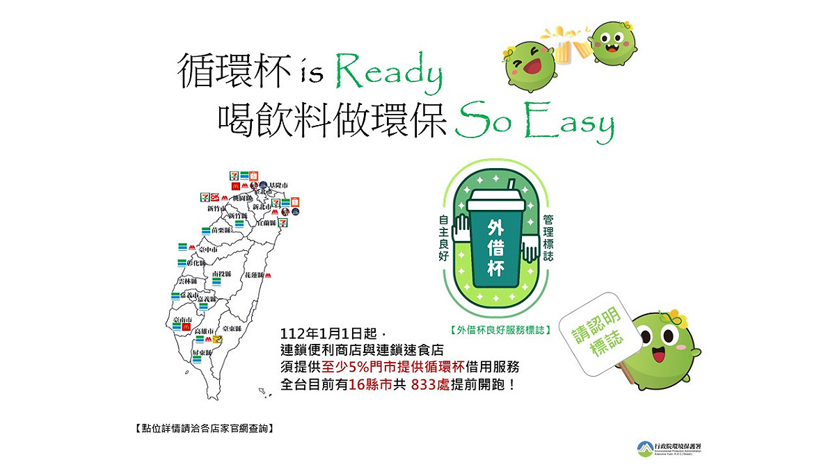 消費者也可透過外借杯良好服務標誌「齊心協力」，辨識該店家是否可以借用環保杯。 圖：環保署／提供