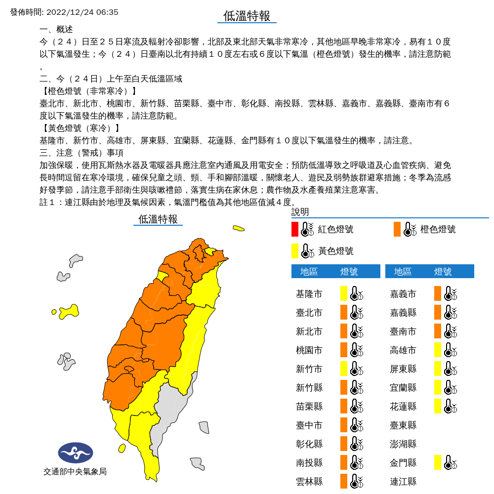氣象局發布20縣市低溫特報 圖片來源/中央氣象局