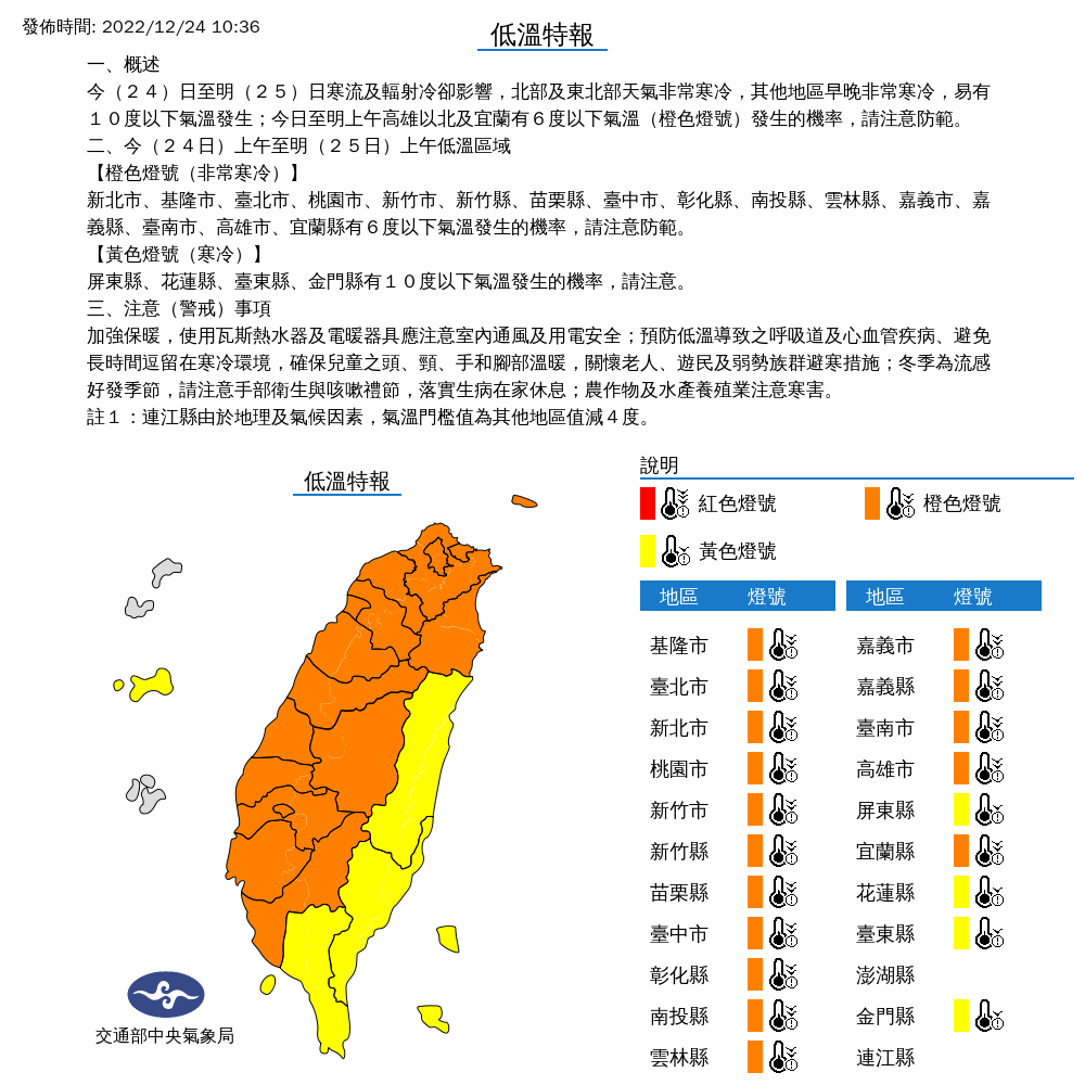 氣象局對全台20縣市發布低溫特報。 圖：取自中央氣象局網站