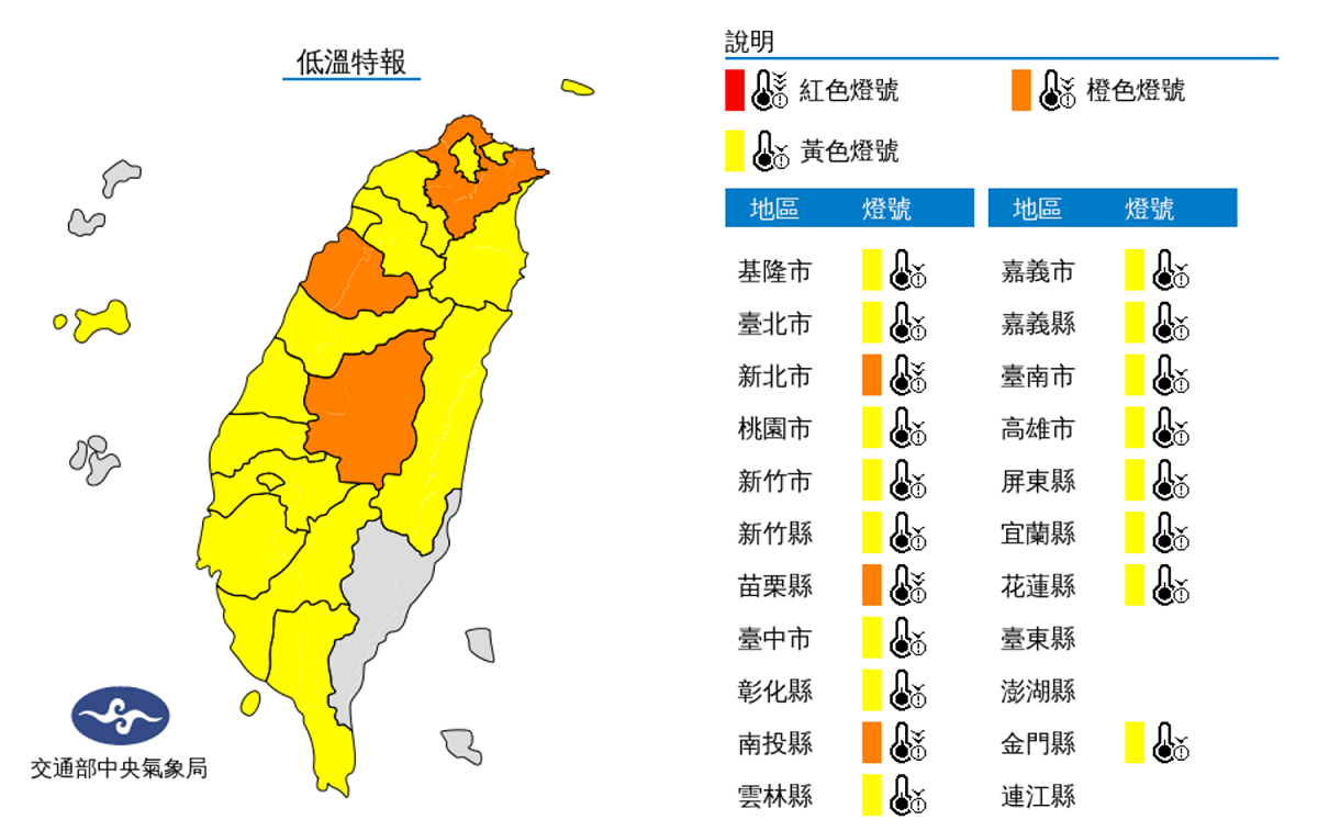 中央氣象局針對全台19縣市發布低溫特報，提醒民眾務必注意保暖。 圖：翻攝自中央氣象局