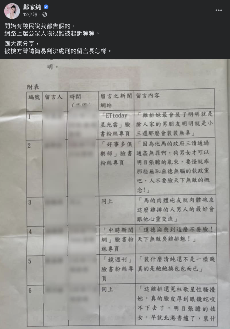 她也公開被她選中的留言，內容足見酸民惡意相當濃厚。 圖：翻攝自鄭家純FB