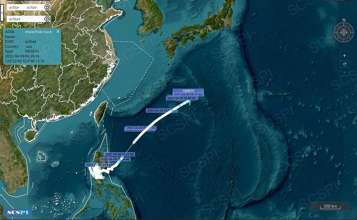 被指為平流層飛艇的ACFDA4於4月2日-4月9日航跡。 圖：翻攝@SCS_PI推特