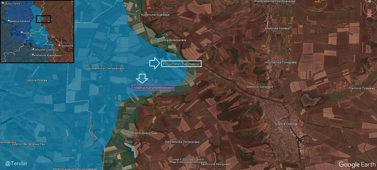 烏克蘭斯瓦托韋區的皮德庫伊昌西克村( Pidkuichansk ) 以及科洛米奇哈村 ( Kolomyichykha ) 的北部地區都已經解放。 圖: 翻攝自 @Tendar推特