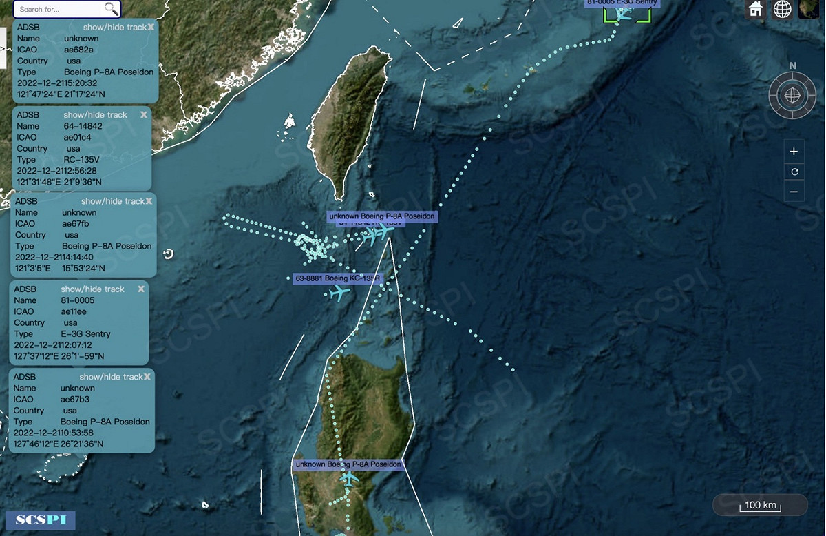 SCSPI在21日下午發布的美軍機航跡動態，當天美軍分別從日本沖繩嘉手納空軍基地和菲律賓克拉克空軍基地出動5架偵察機和1架KC-135R空中加油機，在台灣海峽南端的南海海域及巴士海峽之間活動。 圖：翻攝@SCS_PI推特