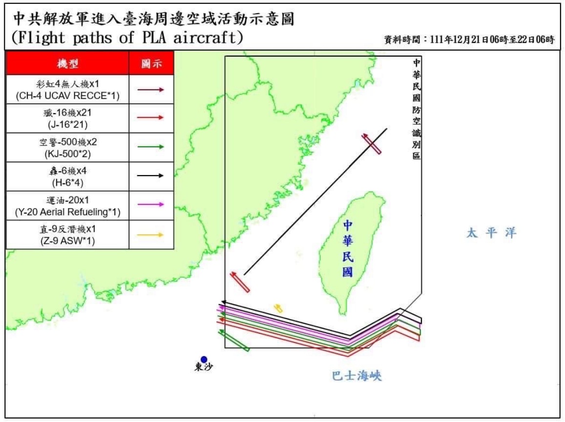 國防部21日6時至22日6時台海周邊空域活動示意圖，解放軍30架次軍機逾越海峽中線及其延伸線「進入西南及東南空域」。 圖：翻攝mnd.gov.tw官網