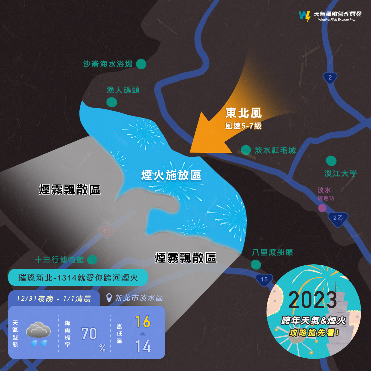 新北煙火最佳觀賞位置。 圖：取自天氣風險臉書